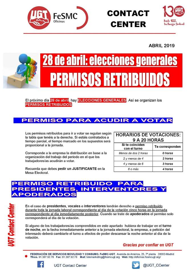 PERMISO RETRIBUIDO PARA VOTAR EN LAS ELECCIONES 28 ABRIL 2019 Y 26 DE MAYO